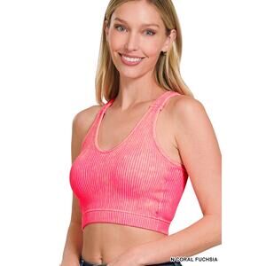 ROSLYN NEON CORAL FUCHSIA WASHED RIBBED CROPPED SEAMLESS BRA PADDED TANK TOP